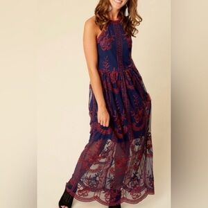 Altar'd State Navy and Red Floral Lace and Embrodisred Dress